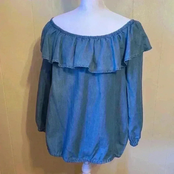 MICHAEL Michael Kohrs Chambray Denim Off Shoulder Ruffle Blouse Top Size Large. - Picture 1 of 13